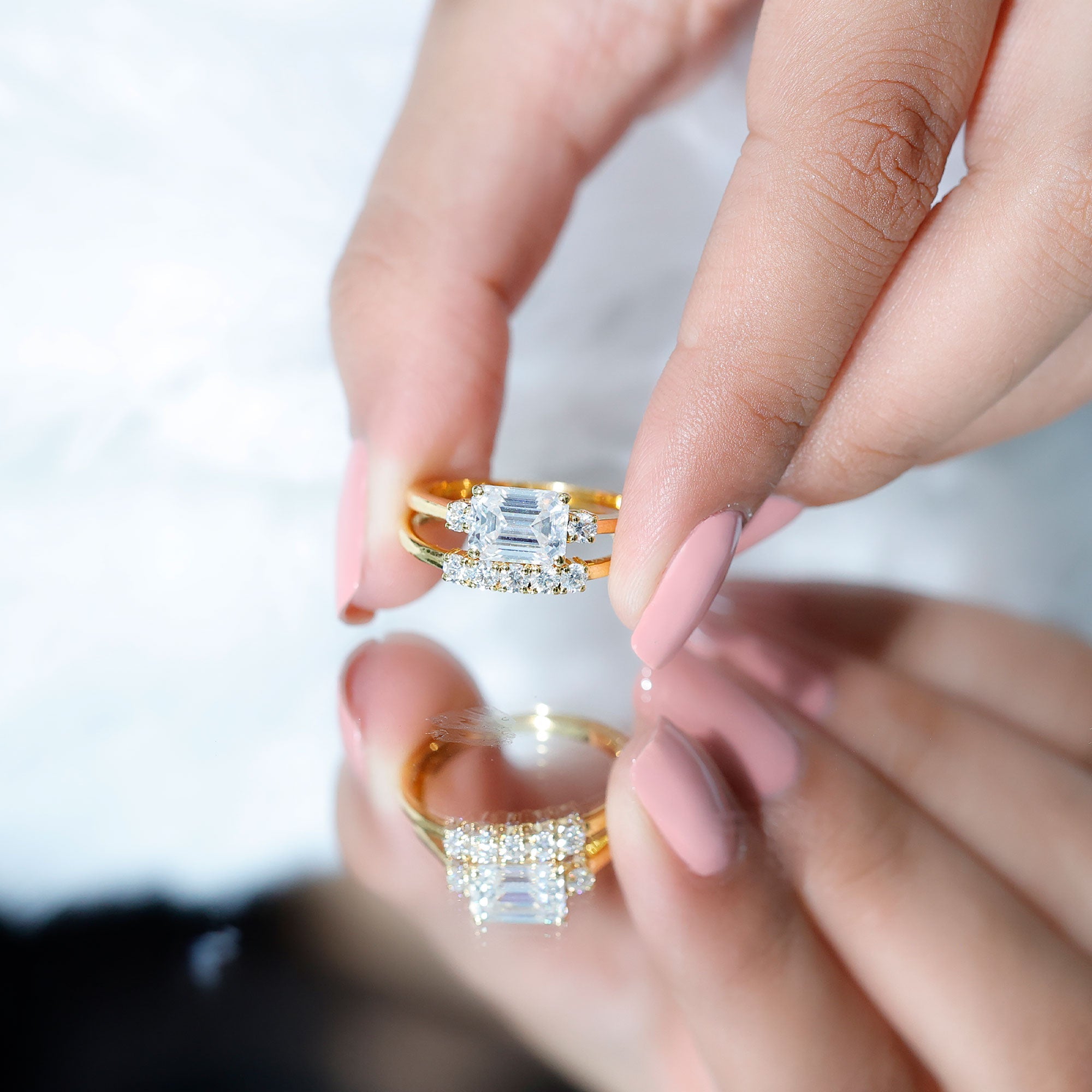 East West Emerald Cut Moissanite Engagement Ring & Wedding Band Set