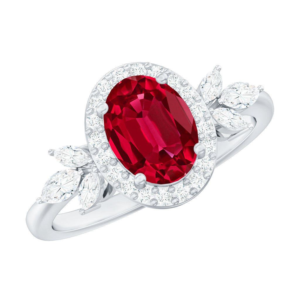 Oval Shaped Lab Created Ruby Nature Engagement Ring with Diamond Accent