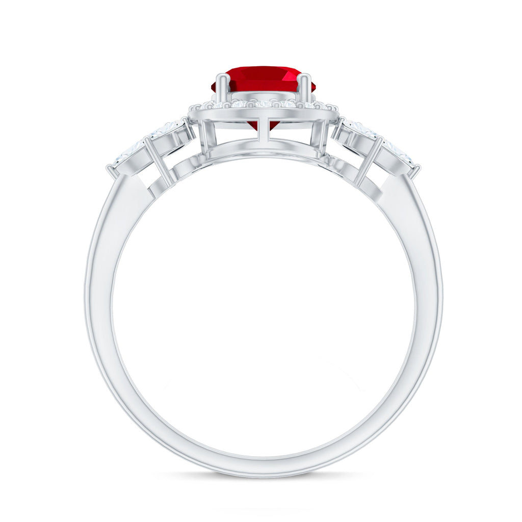 Oval Shaped Lab Created Ruby Nature Engagement Ring with Diamond Accent