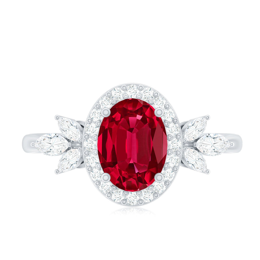 Oval Shaped Lab Created Ruby Nature Engagement Ring with Diamond Accent