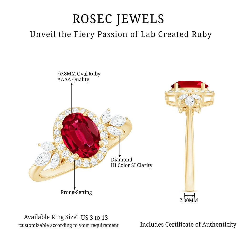 Oval Shaped Lab Created Ruby Nature Engagement Ring with Diamond Accent