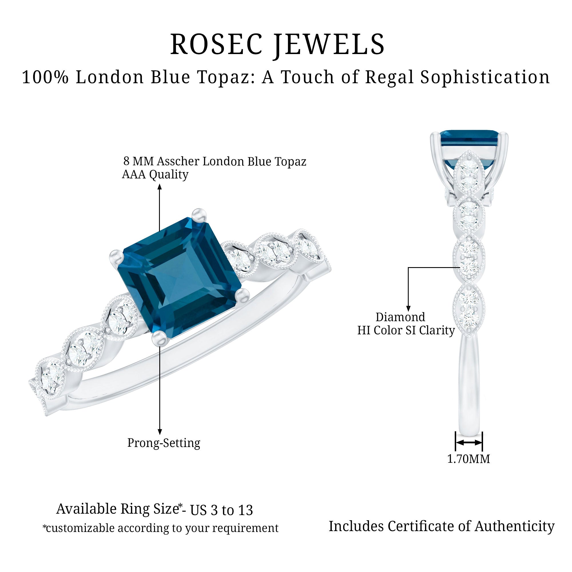 8mm Asscher Cut London Blue Topaz Designer Engagement Ring with Diamond