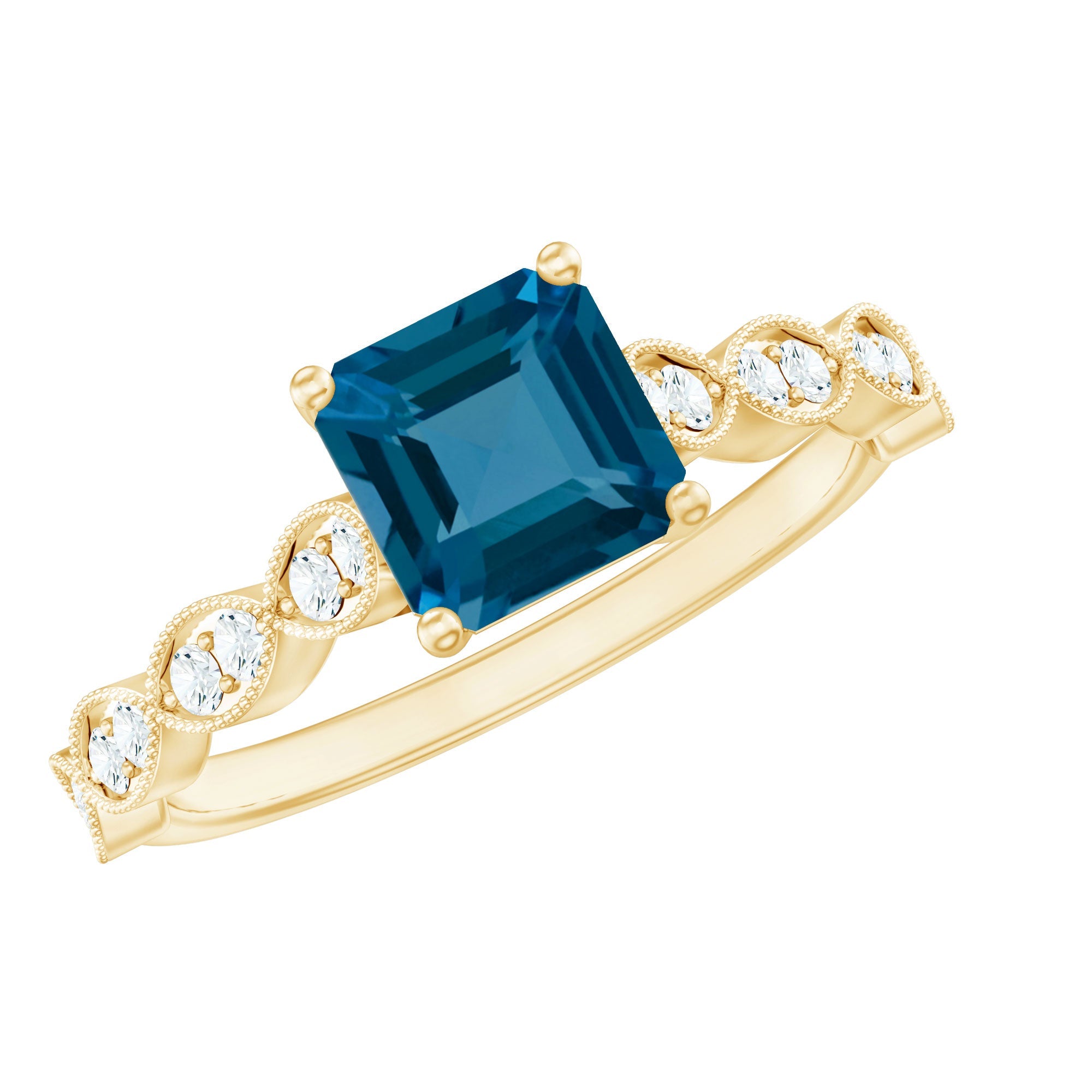 8mm Asscher Cut London Blue Topaz Designer Engagement Ring with Diamond