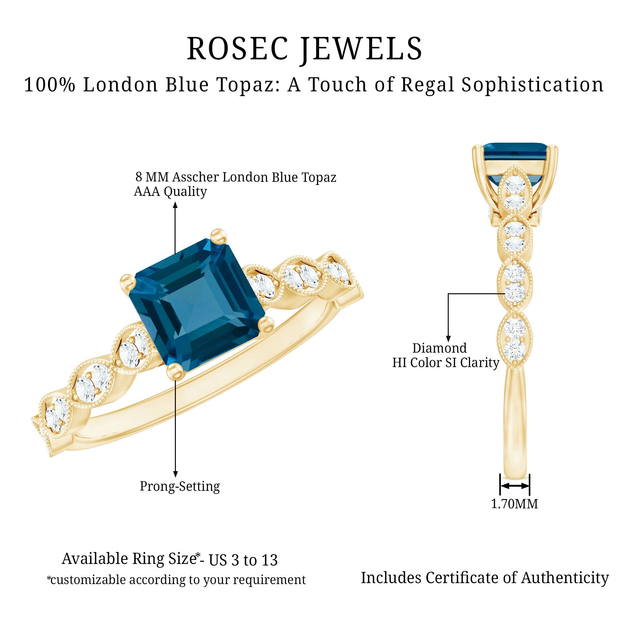 8mm Asscher Cut London Blue Topaz Designer Engagement Ring with Diamond