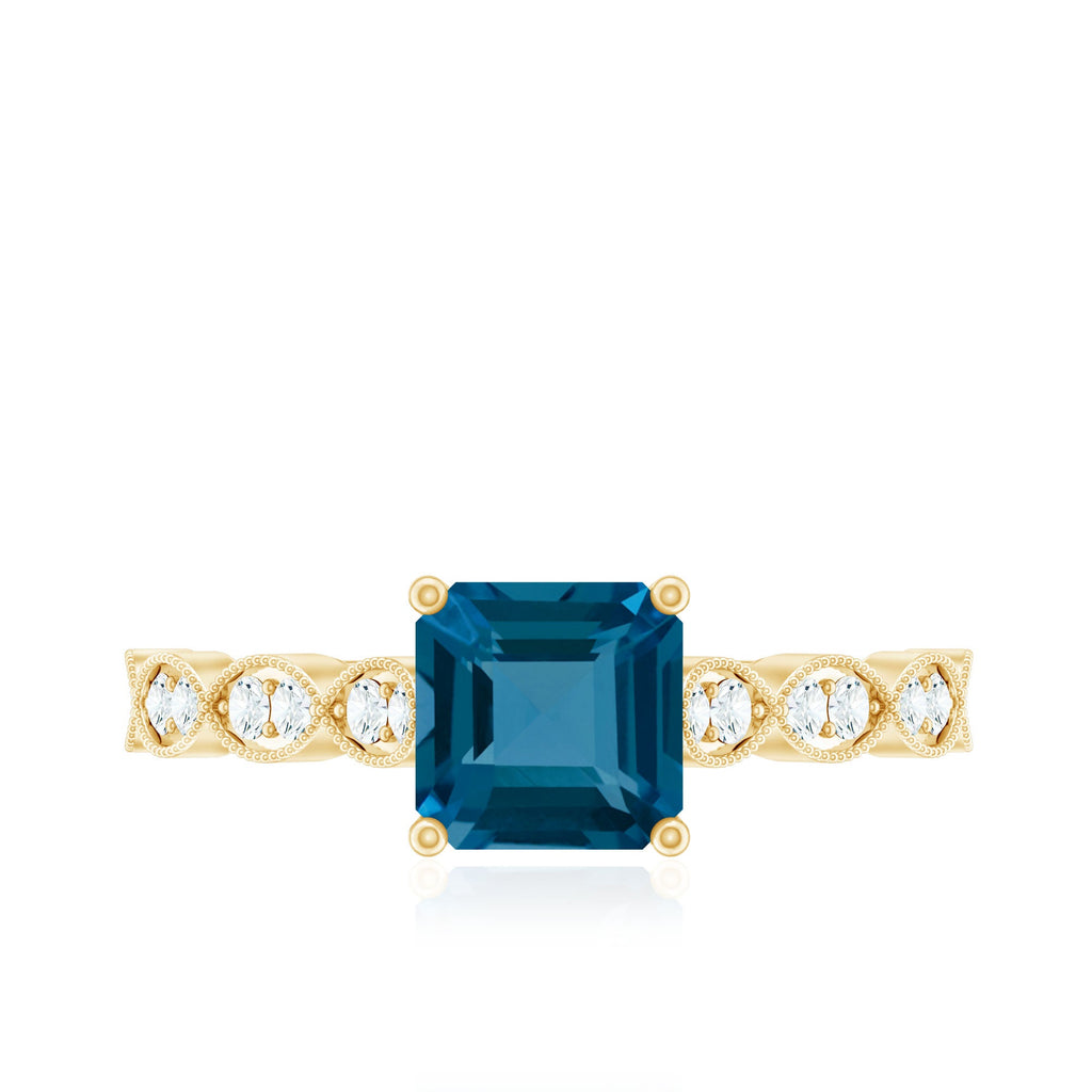 8mm Asscher Cut London Blue Topaz Designer Engagement Ring with Diamond