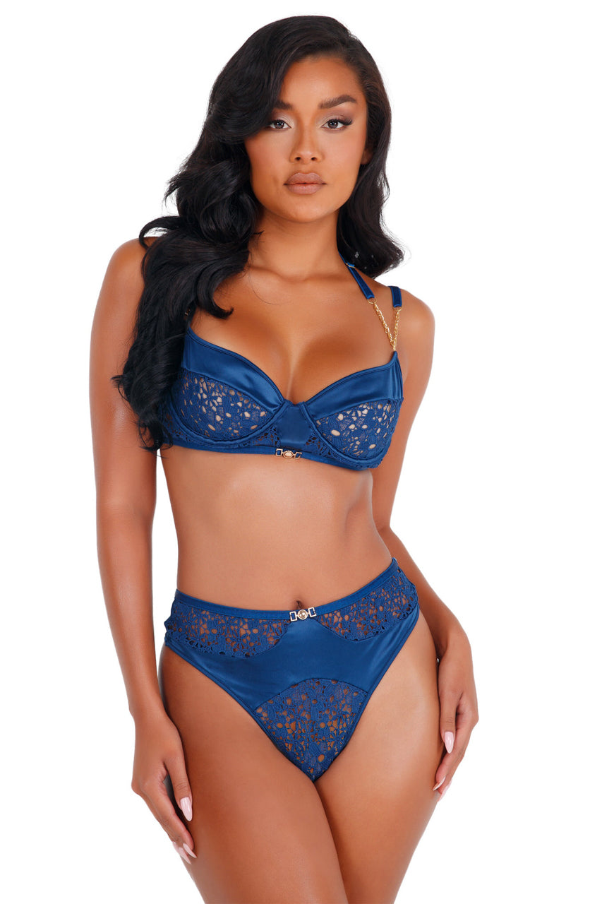 Navy Satin and Lace Bra and Panty