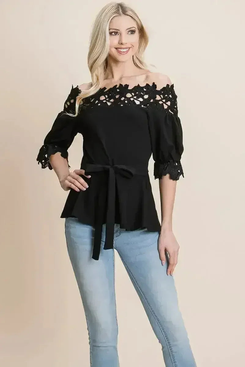 Lace Crochet Self Belted Off The Shoulder Tops with Back Zipper