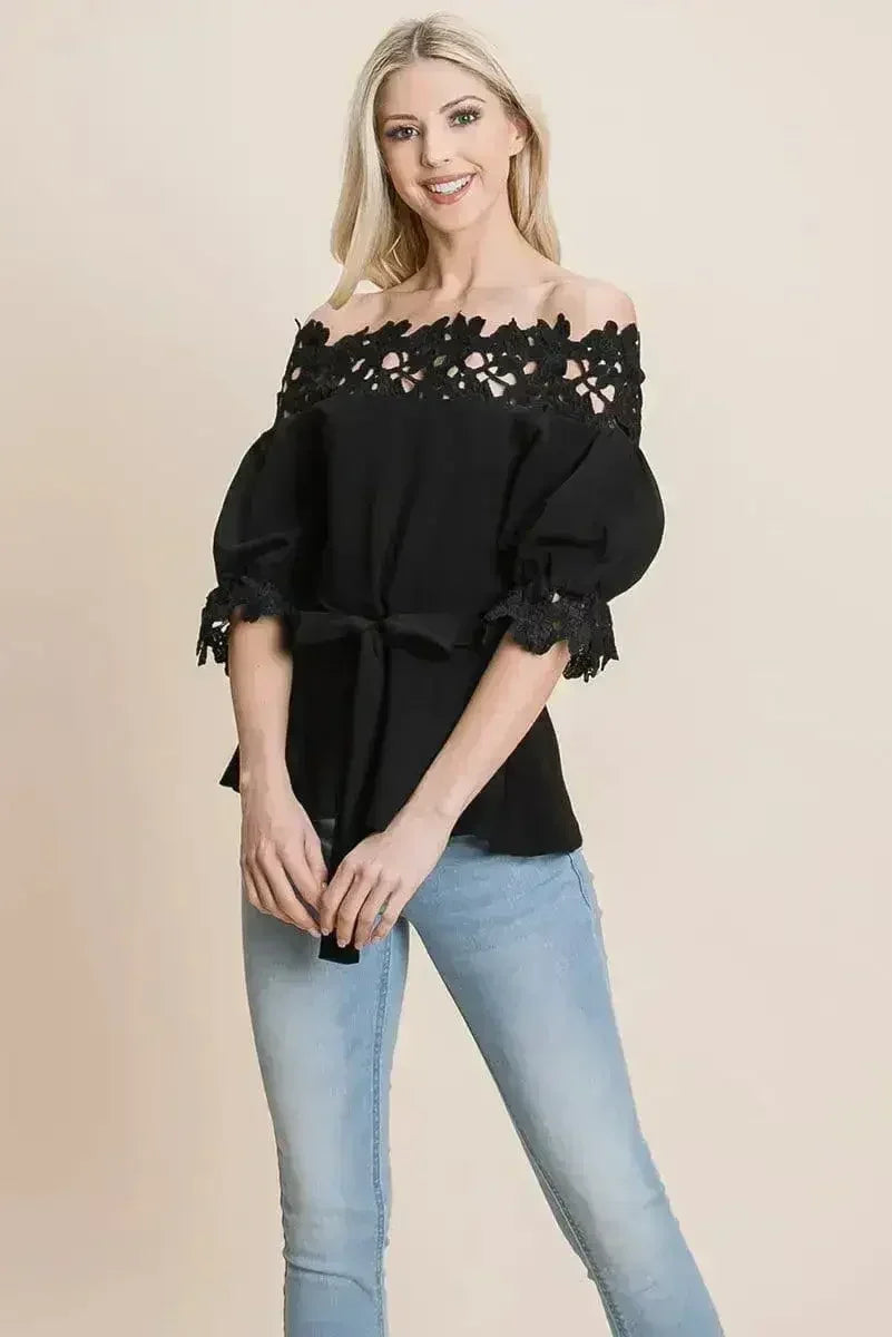 Lace Crochet Self Belted Off The Shoulder Tops with Back Zipper