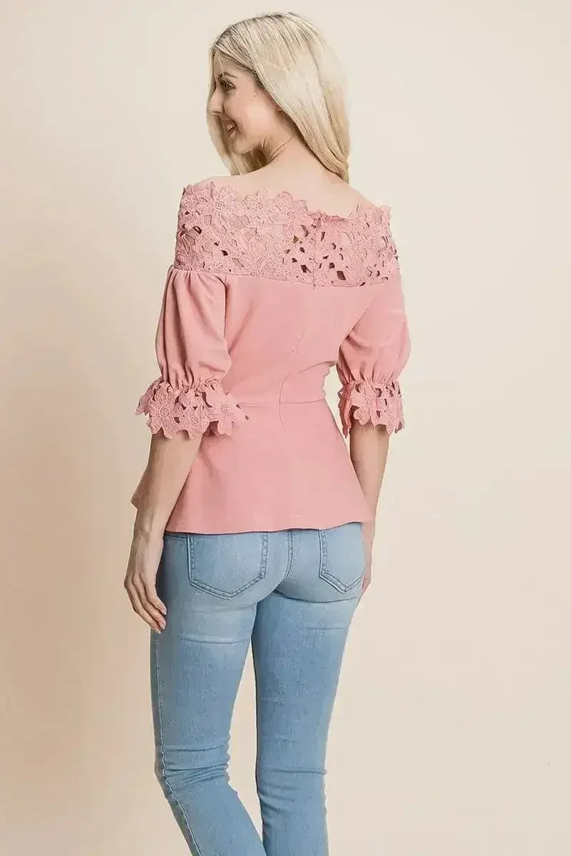 Lace Crochet Self Belted Off The Shoulder Tops with Back Zipper