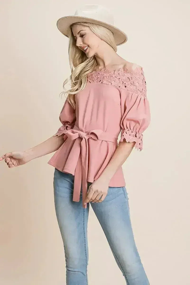 Lace Crochet Self Belted Off The Shoulder Tops with Back Zipper