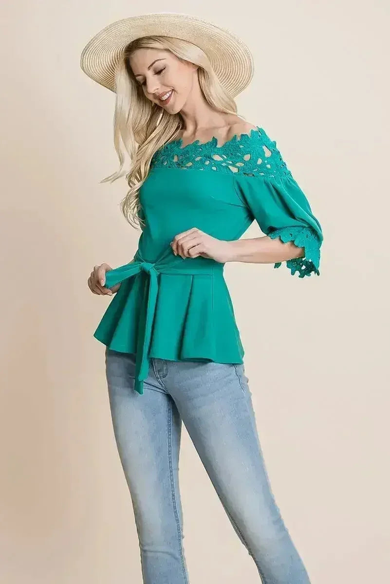 Lace Crochet Self Belted Off The Shoulder Tops with Back Zipper
