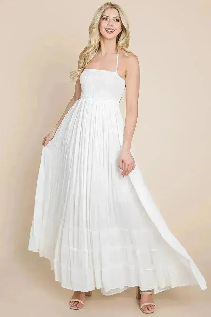 Smocked Flowy Boho Pleated Backless Maxi Dress