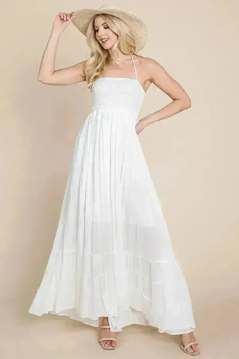 Smocked Flowy Boho Pleated Backless Maxi Dress
