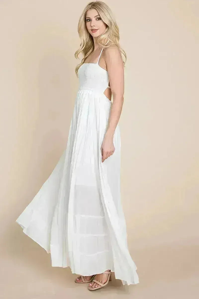 Smocked Flowy Boho Pleated Backless Maxi Dress