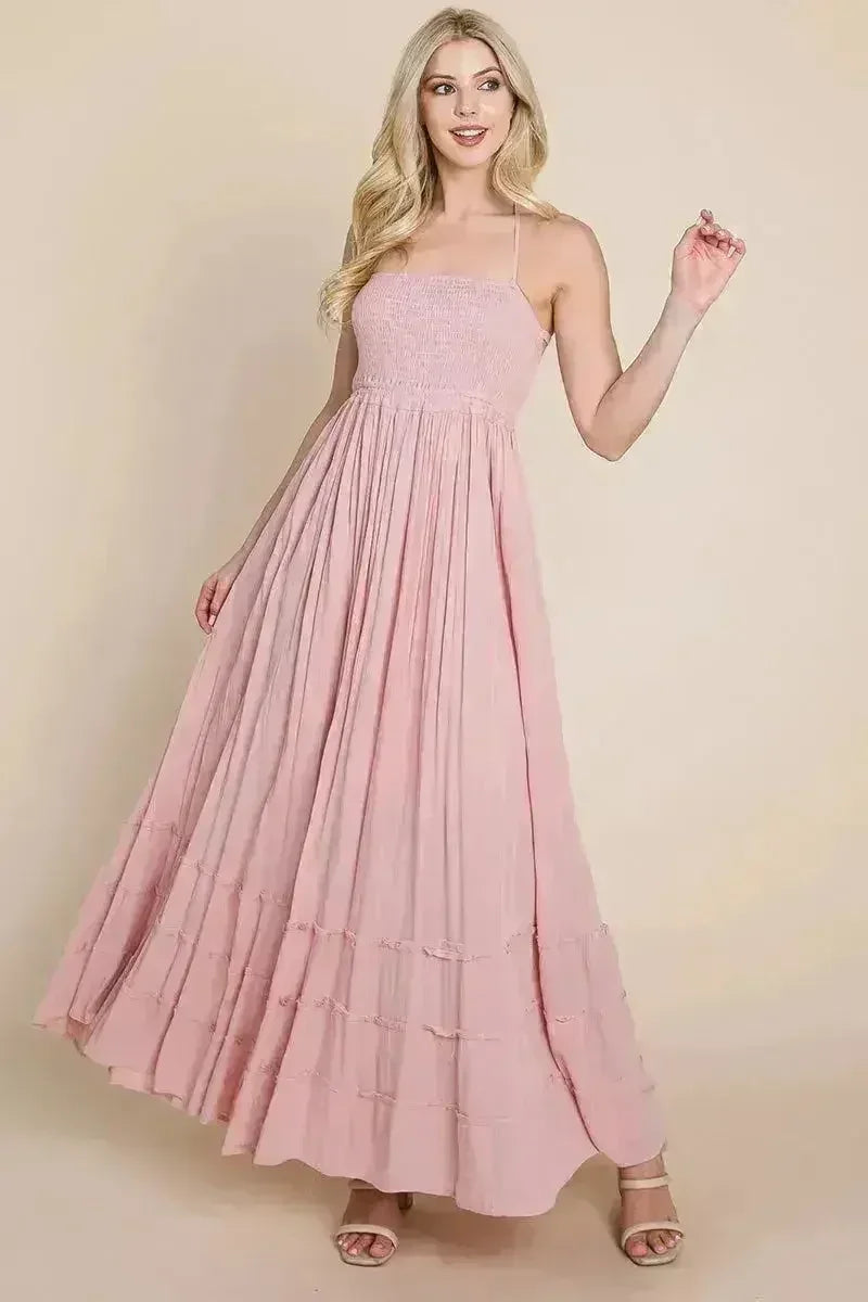 Smocked Flowy Boho Pleated Backless Maxi Dress