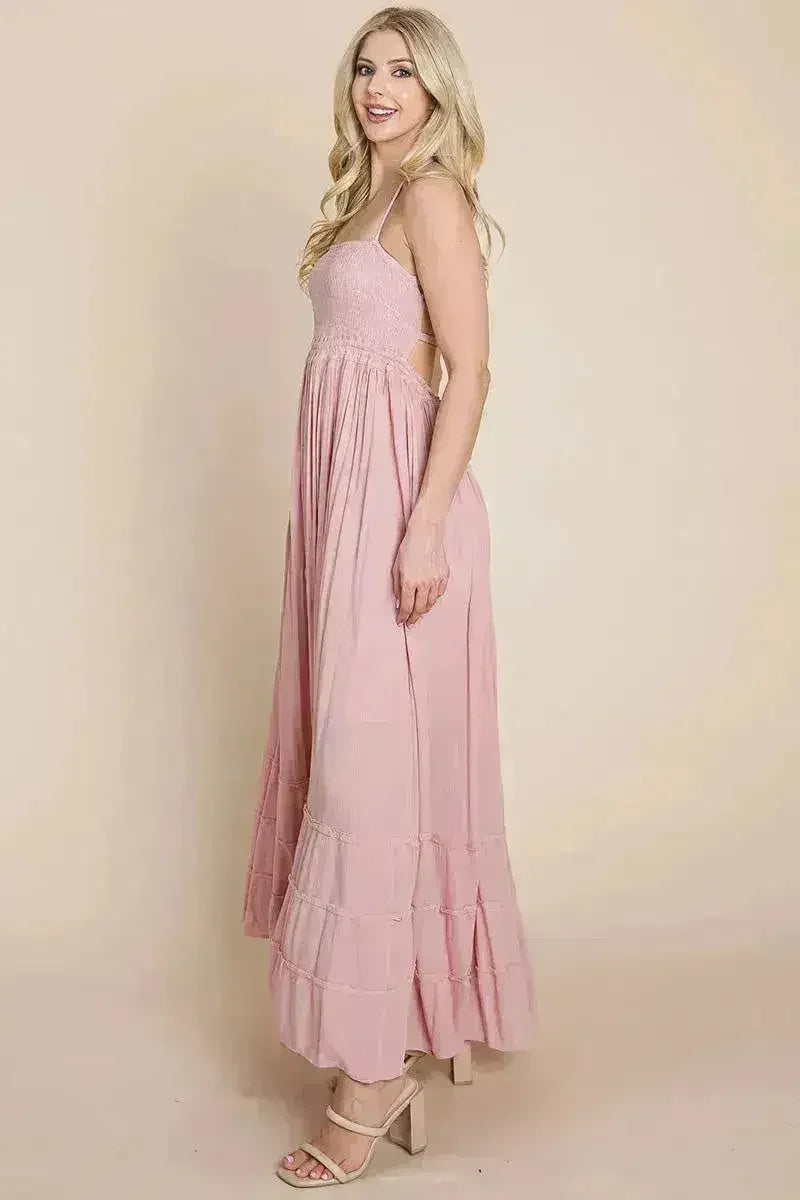 Smocked Flowy Boho Pleated Backless Maxi Dress