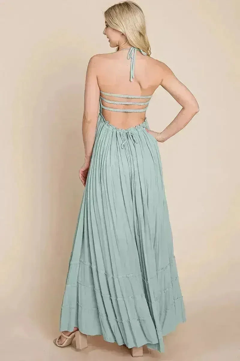 Smocked Flowy Boho Pleated Backless Maxi Dress