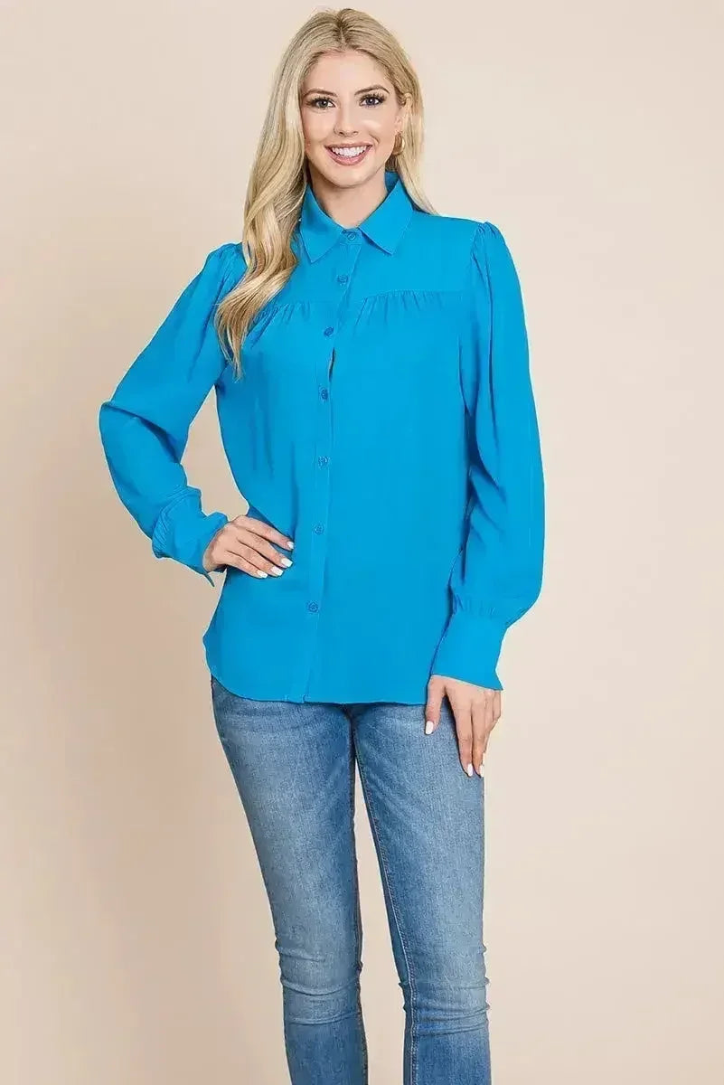 Collared Long Sleeve Pleated Detail Blouse Tops | Femstylo