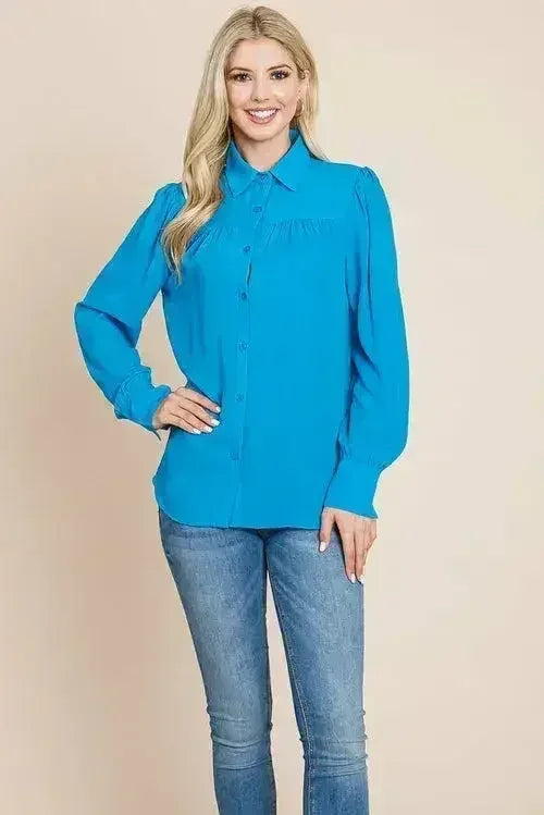Collared Long Sleeve Pleated Detail Blouse Tops | Femstylo