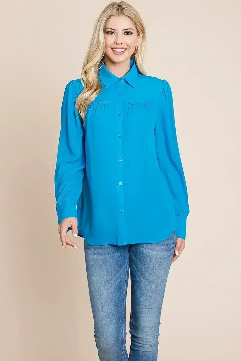 Collared Long Sleeve Pleated Detail Blouse Tops | Femstylo