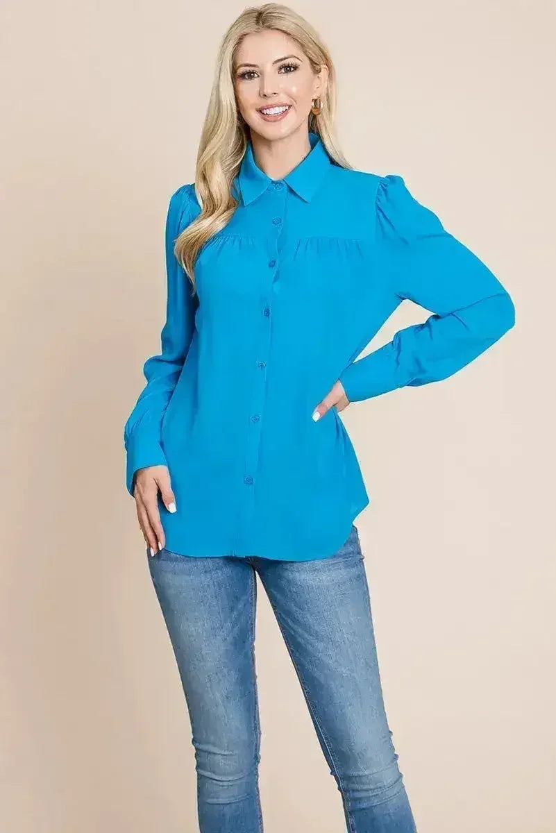 Collared Long Sleeve Pleated Detail Blouse Tops | Femstylo