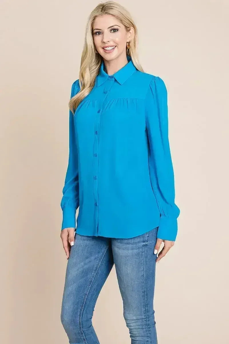 Collared Long Sleeve Pleated Detail Blouse Tops | Femstylo