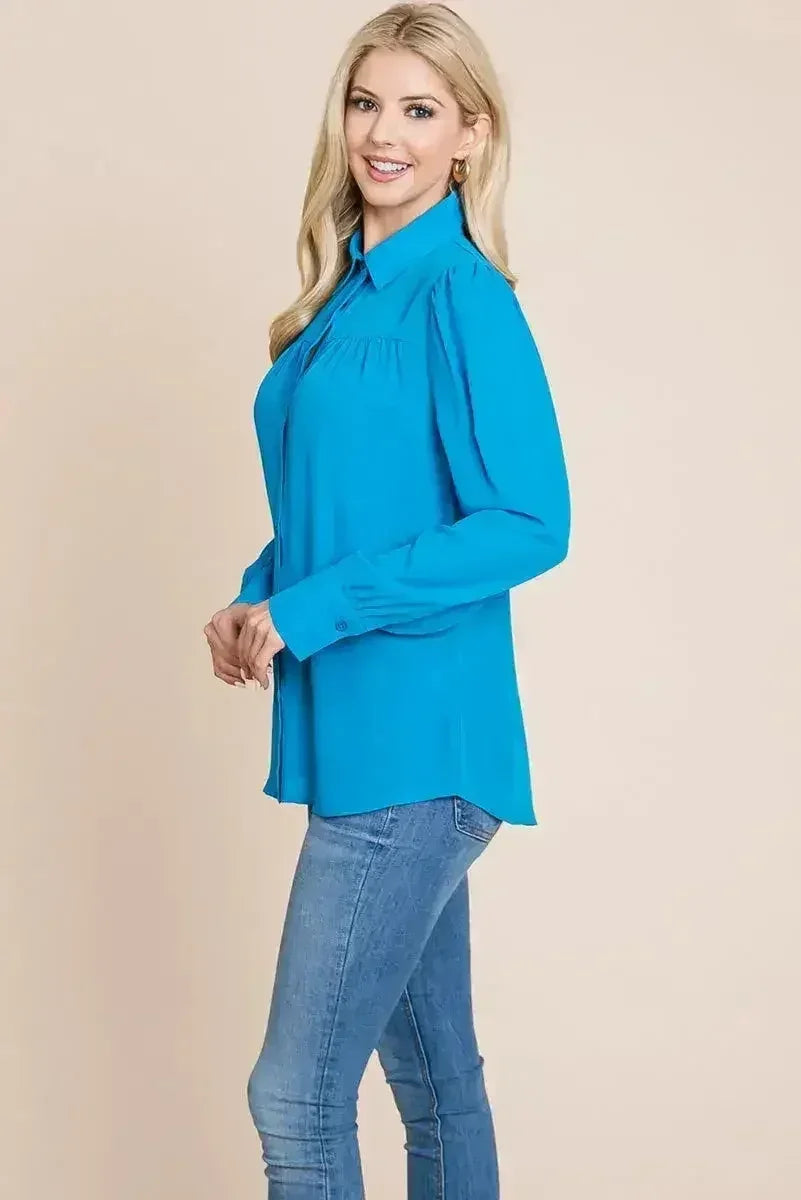 Collared Long Sleeve Pleated Detail Blouse Tops | Femstylo