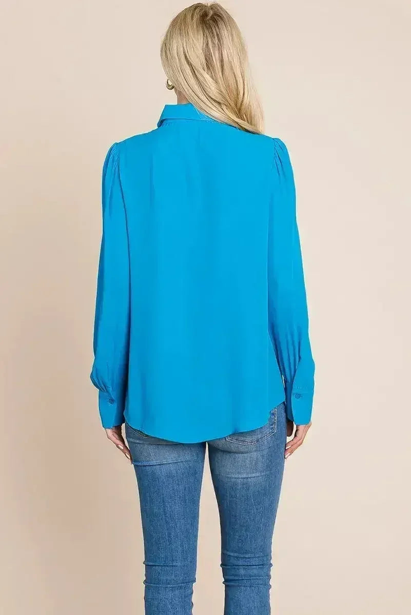Collared Long Sleeve Pleated Detail Blouse Tops | Femstylo