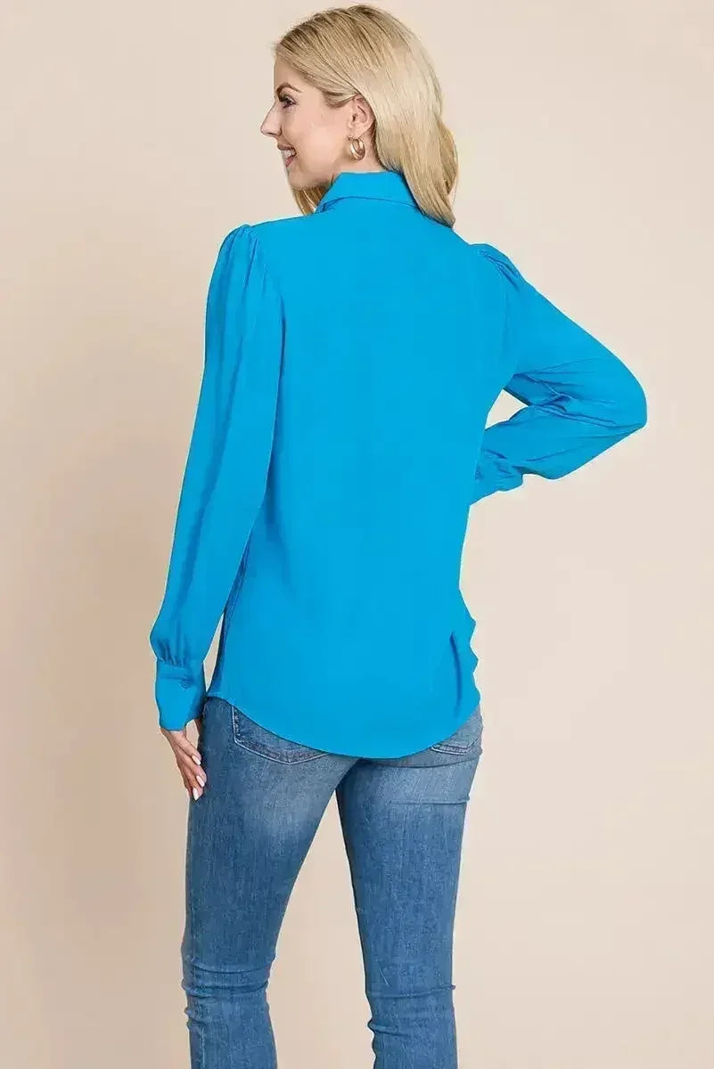Collared Long Sleeve Pleated Detail Blouse Tops | Femstylo
