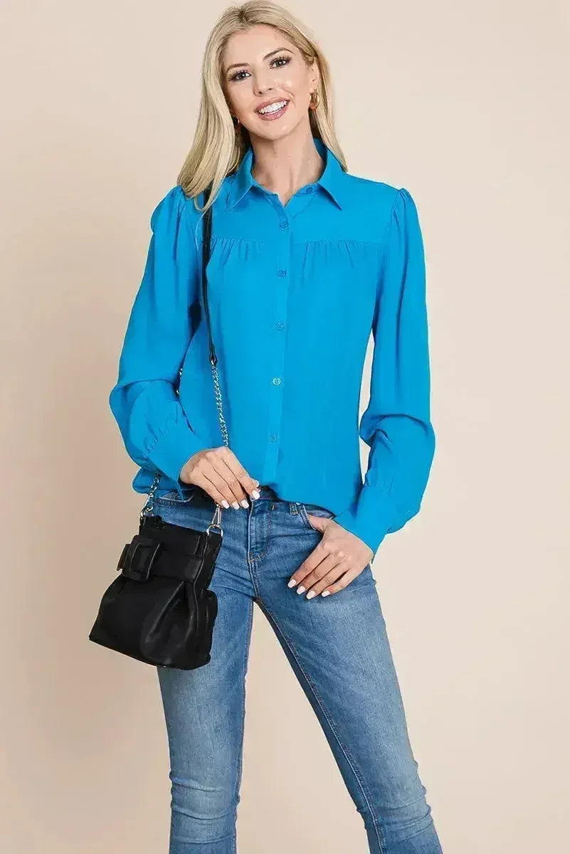 Collared Long Sleeve Pleated Detail Blouse Tops | Femstylo