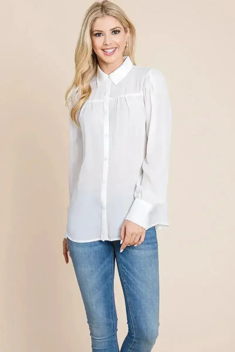 Collared Long Sleeve Pleated Detail Blouse Tops | Femstylo