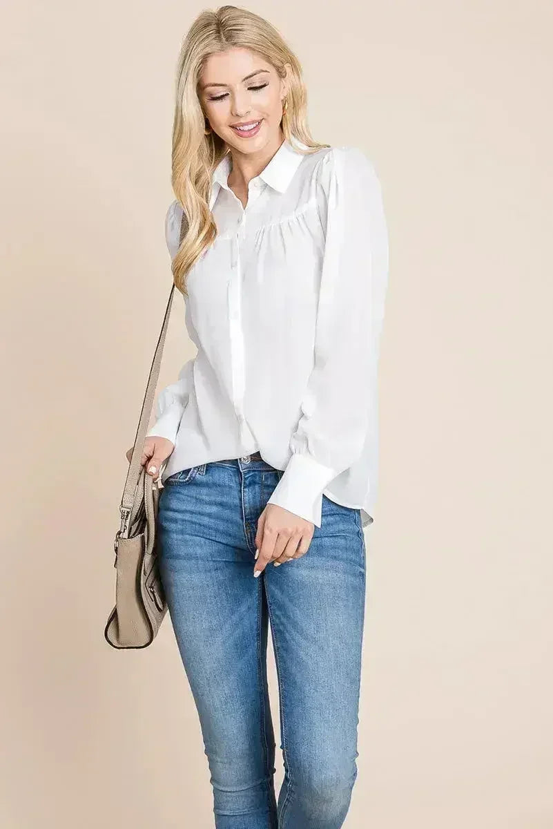 Collared Long Sleeve Pleated Detail Blouse Tops | Femstylo