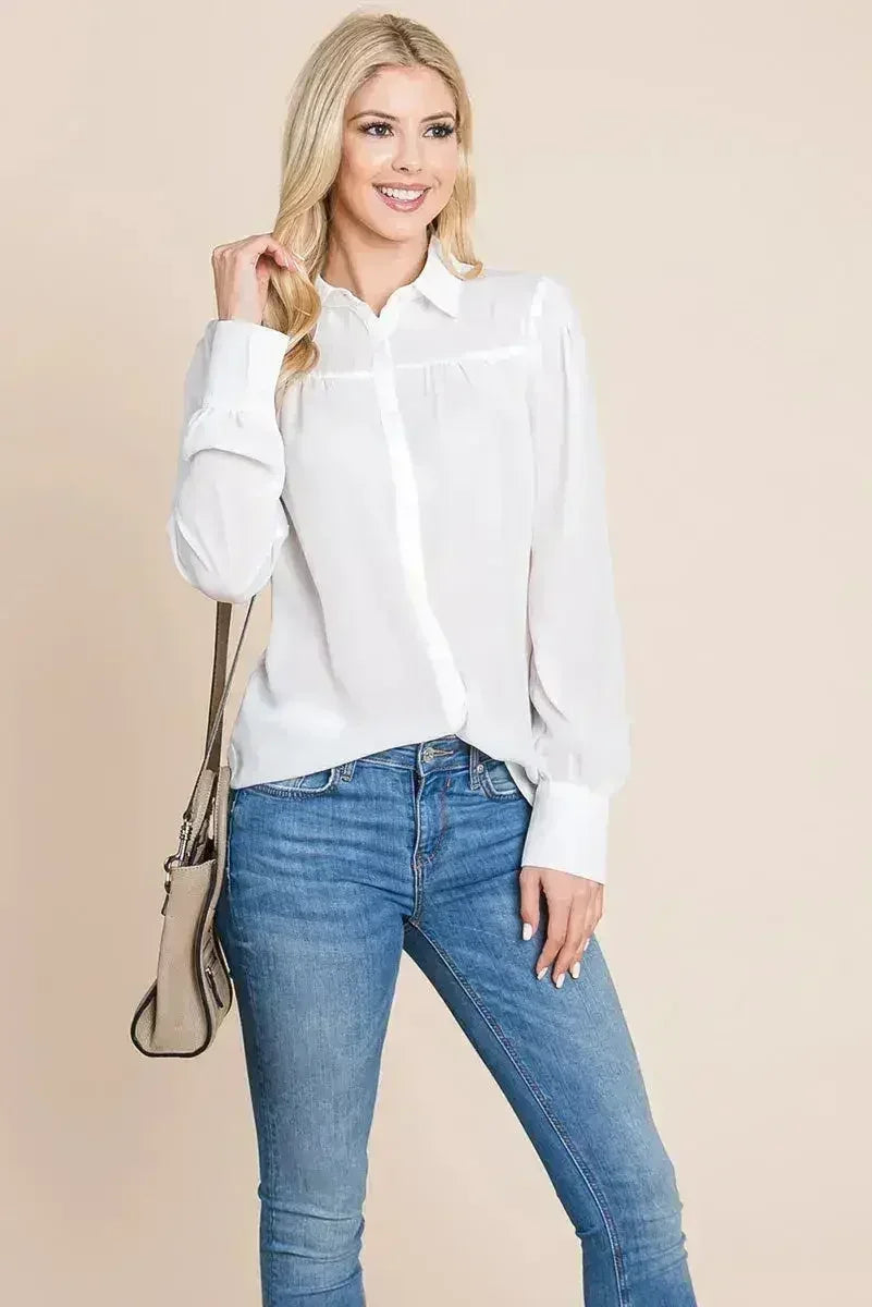 Collared Long Sleeve Pleated Detail Blouse Tops | Femstylo