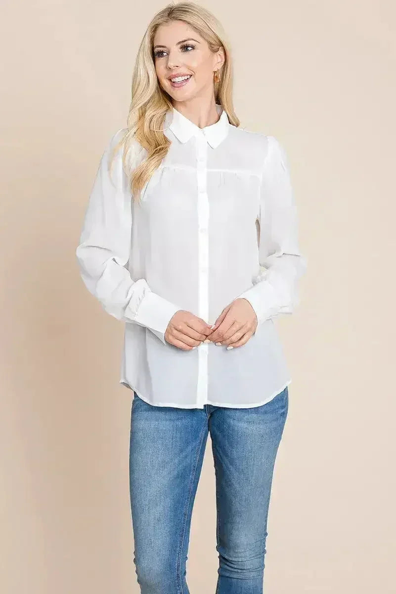 Collared Long Sleeve Pleated Detail Blouse Tops | Femstylo