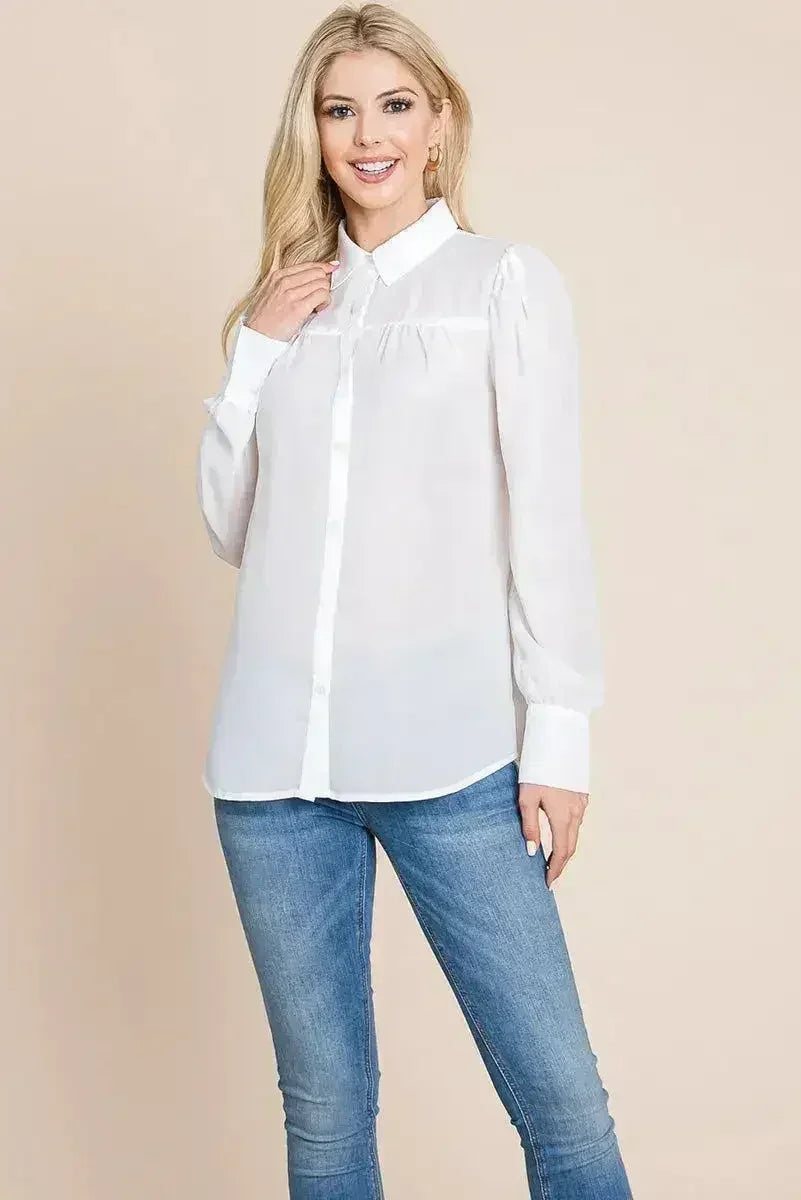 Collared Long Sleeve Pleated Detail Blouse Tops | Femstylo