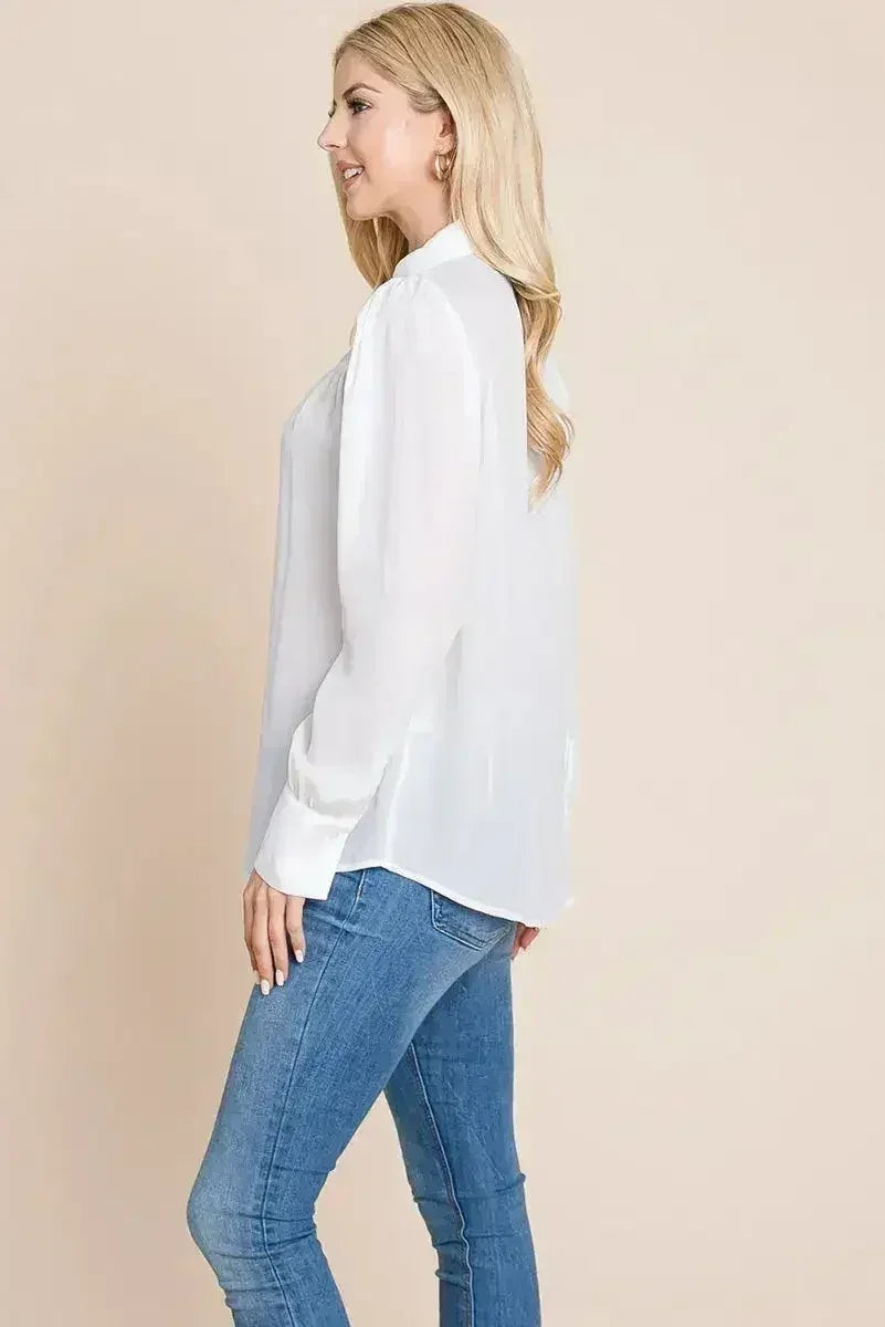 Collared Long Sleeve Pleated Detail Blouse Tops | Femstylo