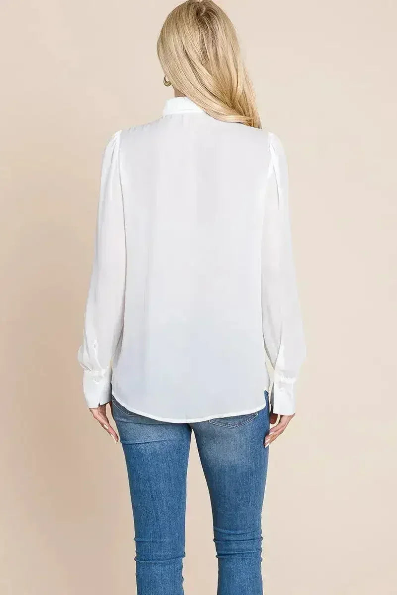 Collared Long Sleeve Pleated Detail Blouse Tops | Femstylo