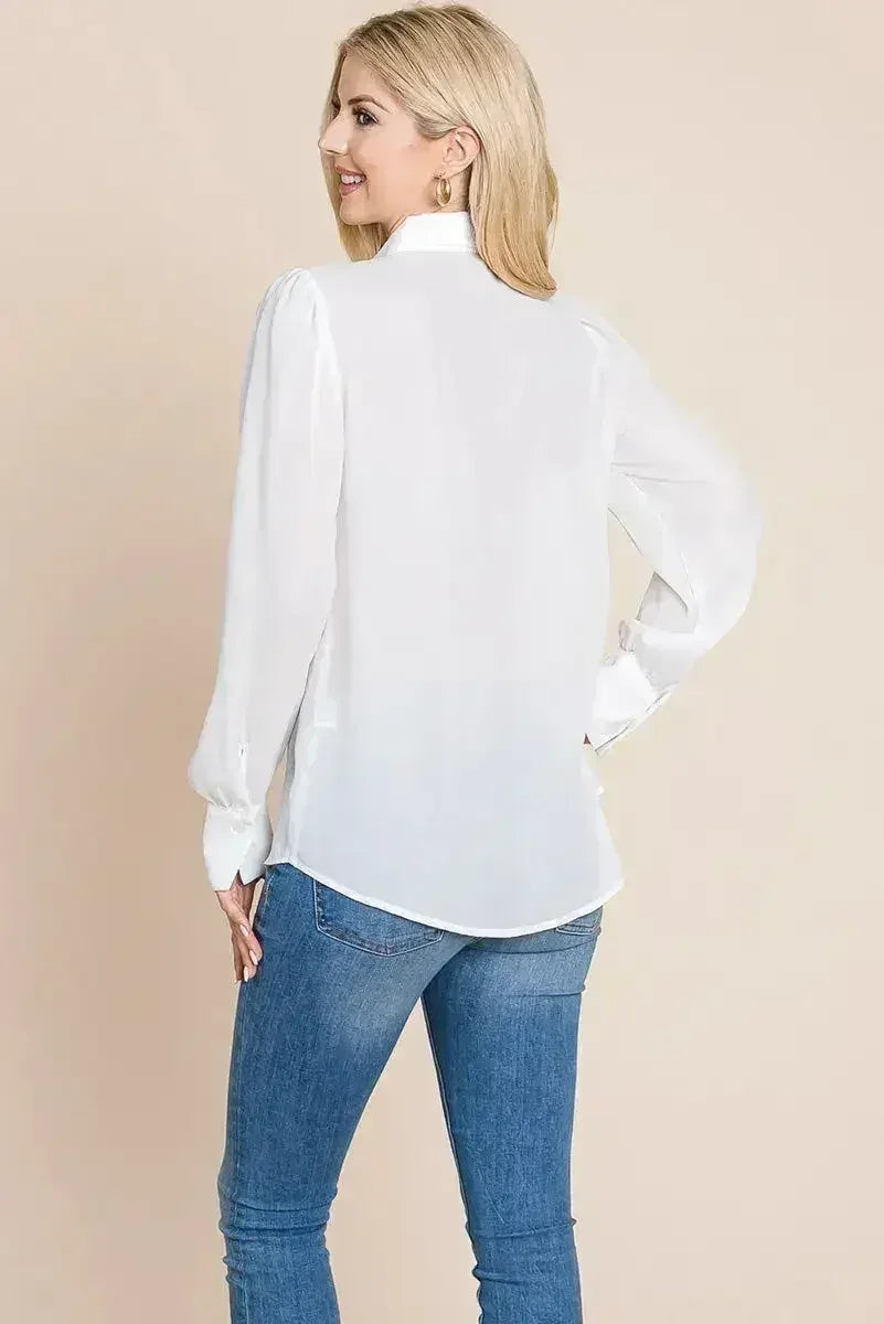 Collared Long Sleeve Pleated Detail Blouse Tops | Femstylo