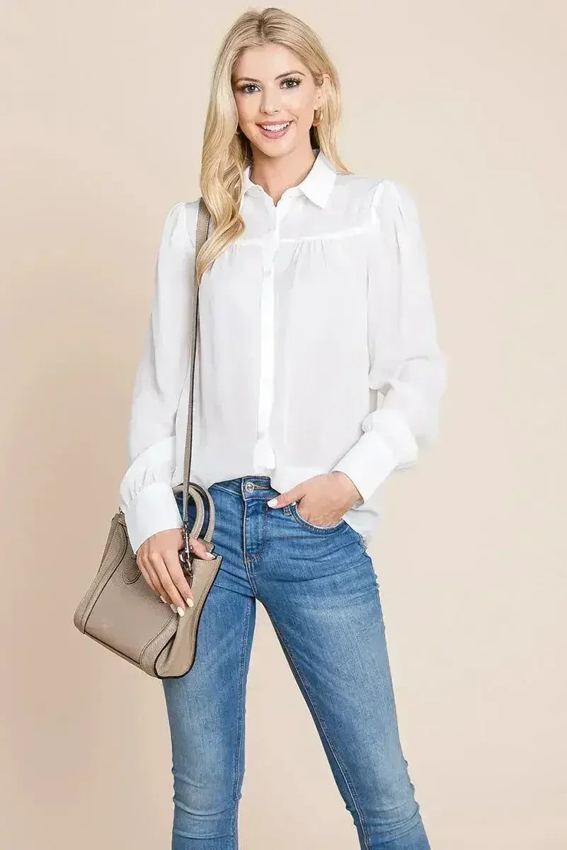 Collared Long Sleeve Pleated Detail Blouse Tops | Femstylo