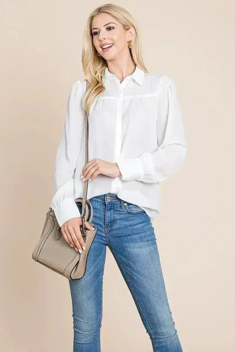 Collared Long Sleeve Pleated Detail Blouse Tops | Femstylo