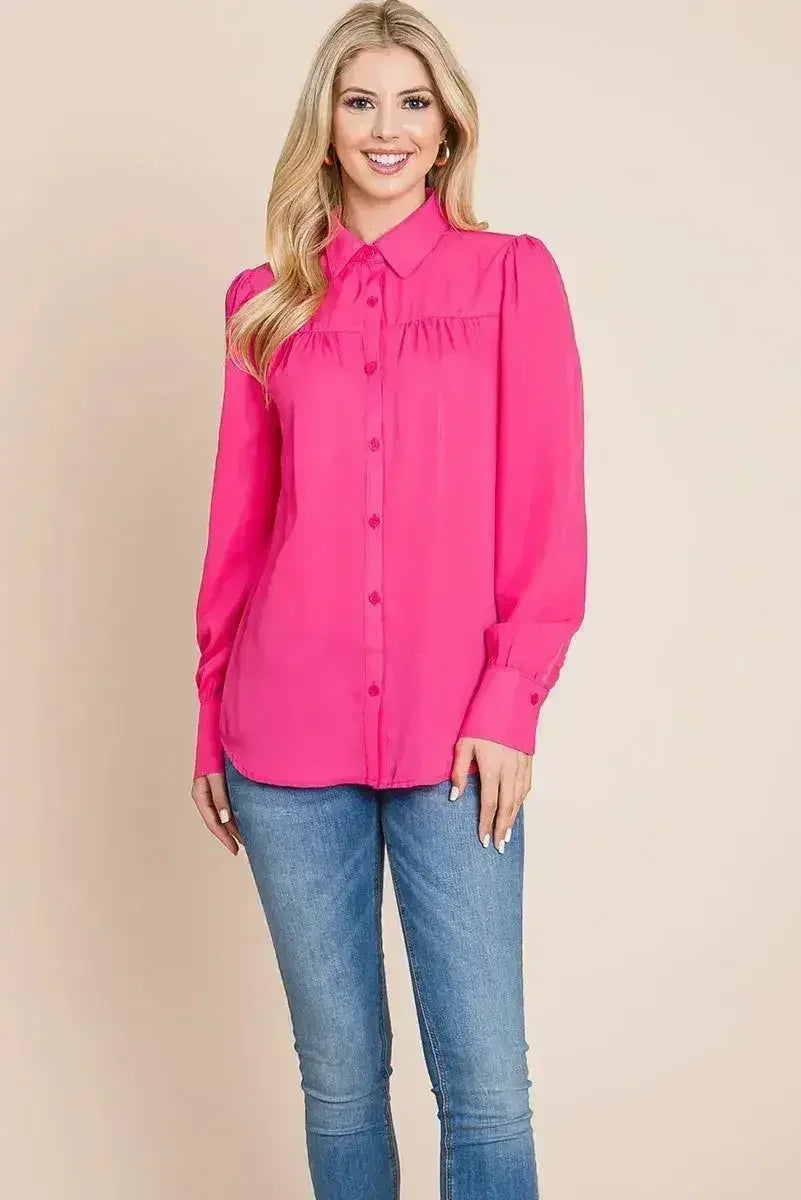 Collared Long Sleeve Pleated Detail Blouse Tops | Femstylo
