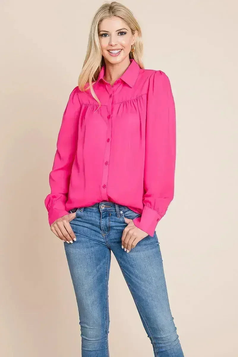 Collared Long Sleeve Pleated Detail Blouse Tops | Femstylo