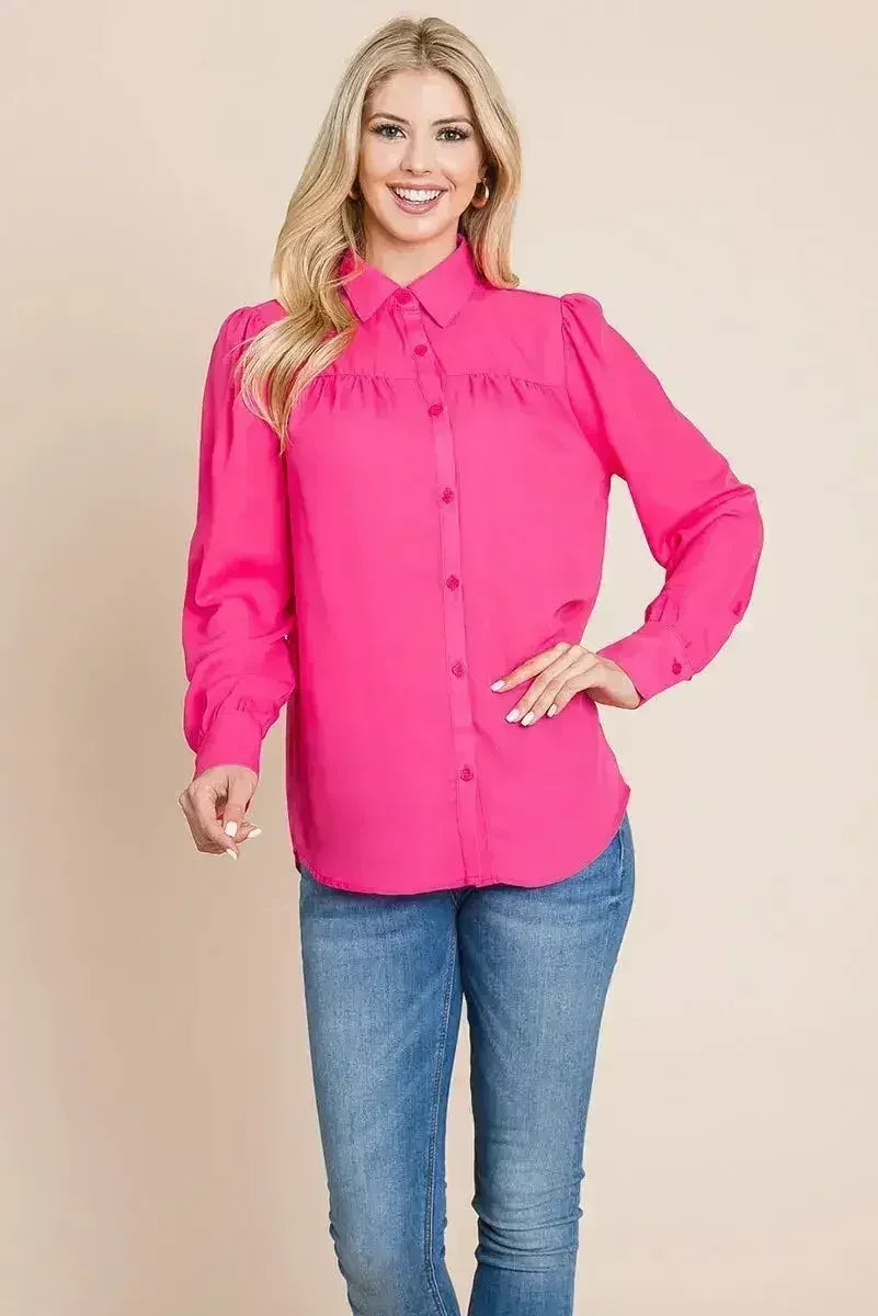 Collared Long Sleeve Pleated Detail Blouse Tops | Femstylo