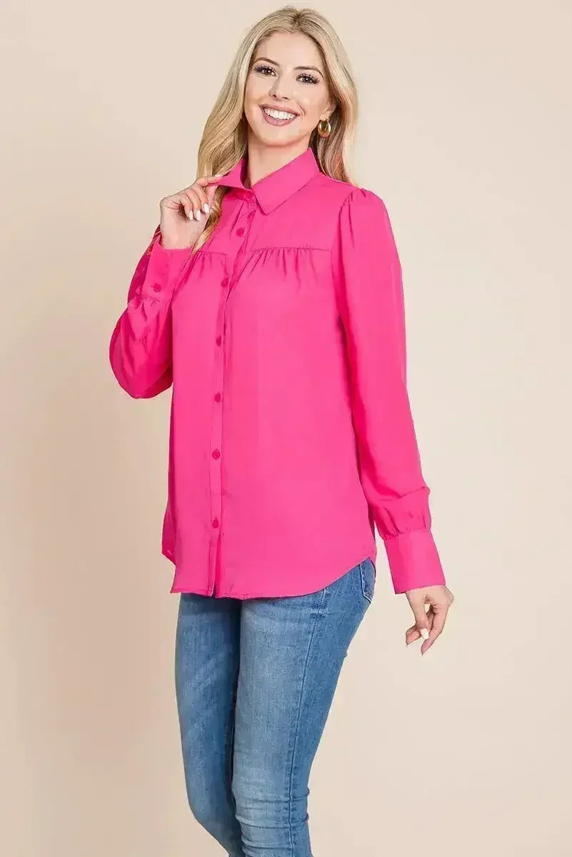 Collared Long Sleeve Pleated Detail Blouse Tops | Femstylo