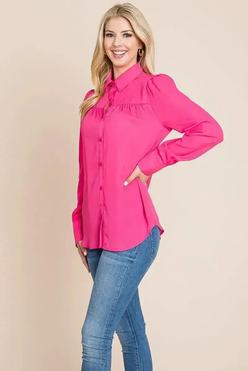 Collared Long Sleeve Pleated Detail Blouse Tops | Femstylo