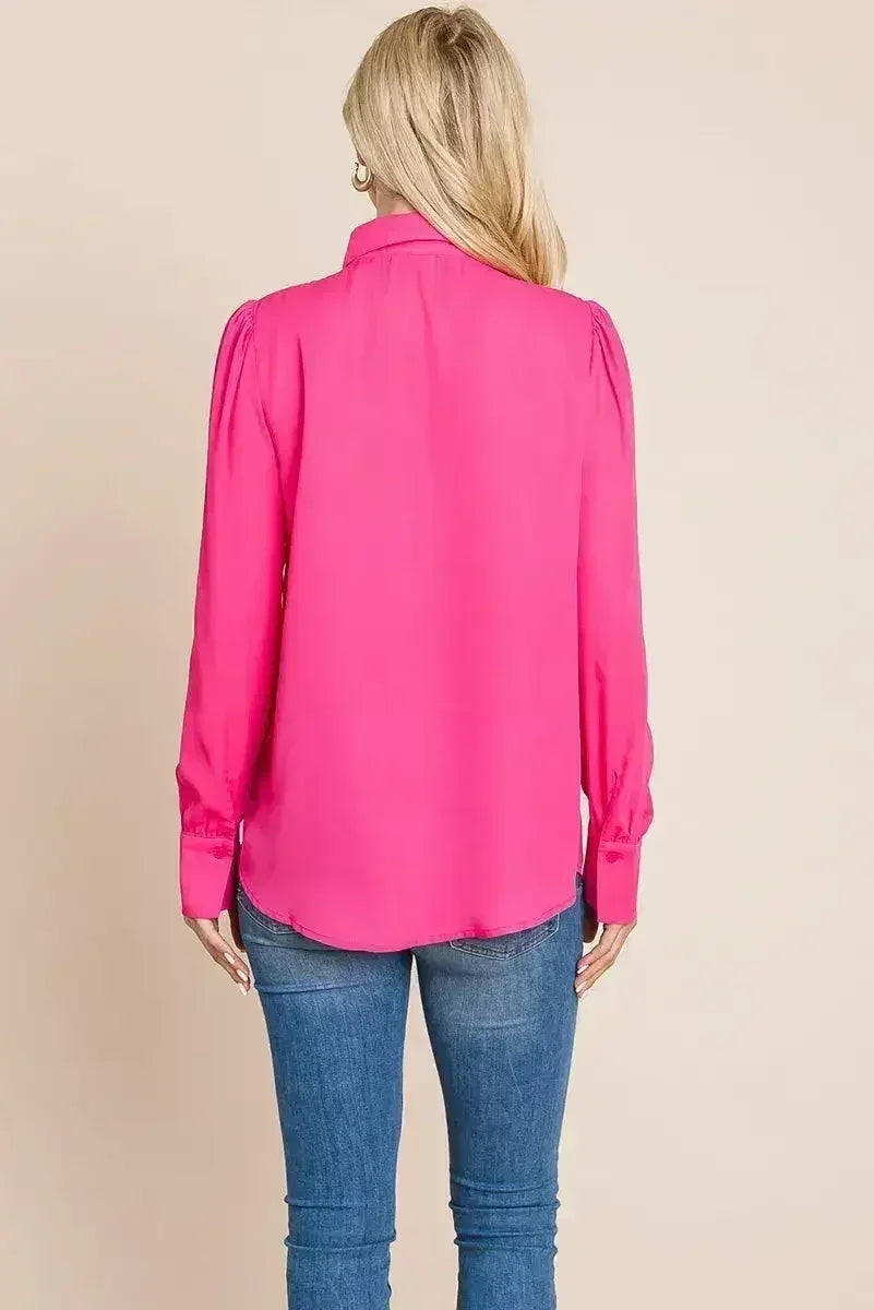 Collared Long Sleeve Pleated Detail Blouse Tops | Femstylo