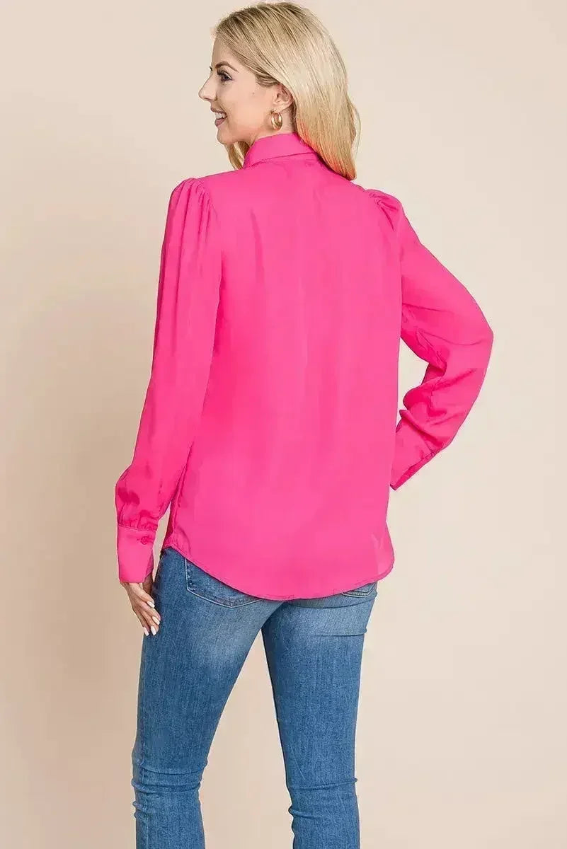 Collared Long Sleeve Pleated Detail Blouse Tops | Femstylo
