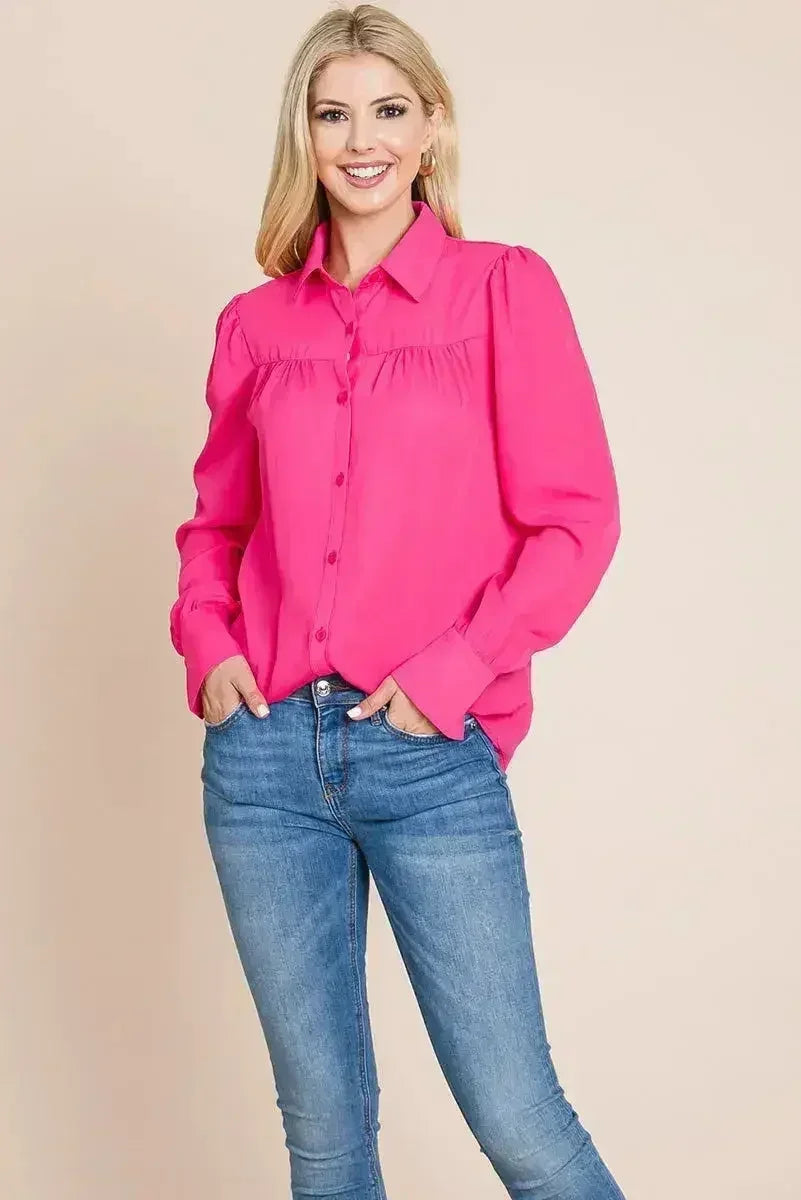 Collared Long Sleeve Pleated Detail Blouse Tops | Femstylo