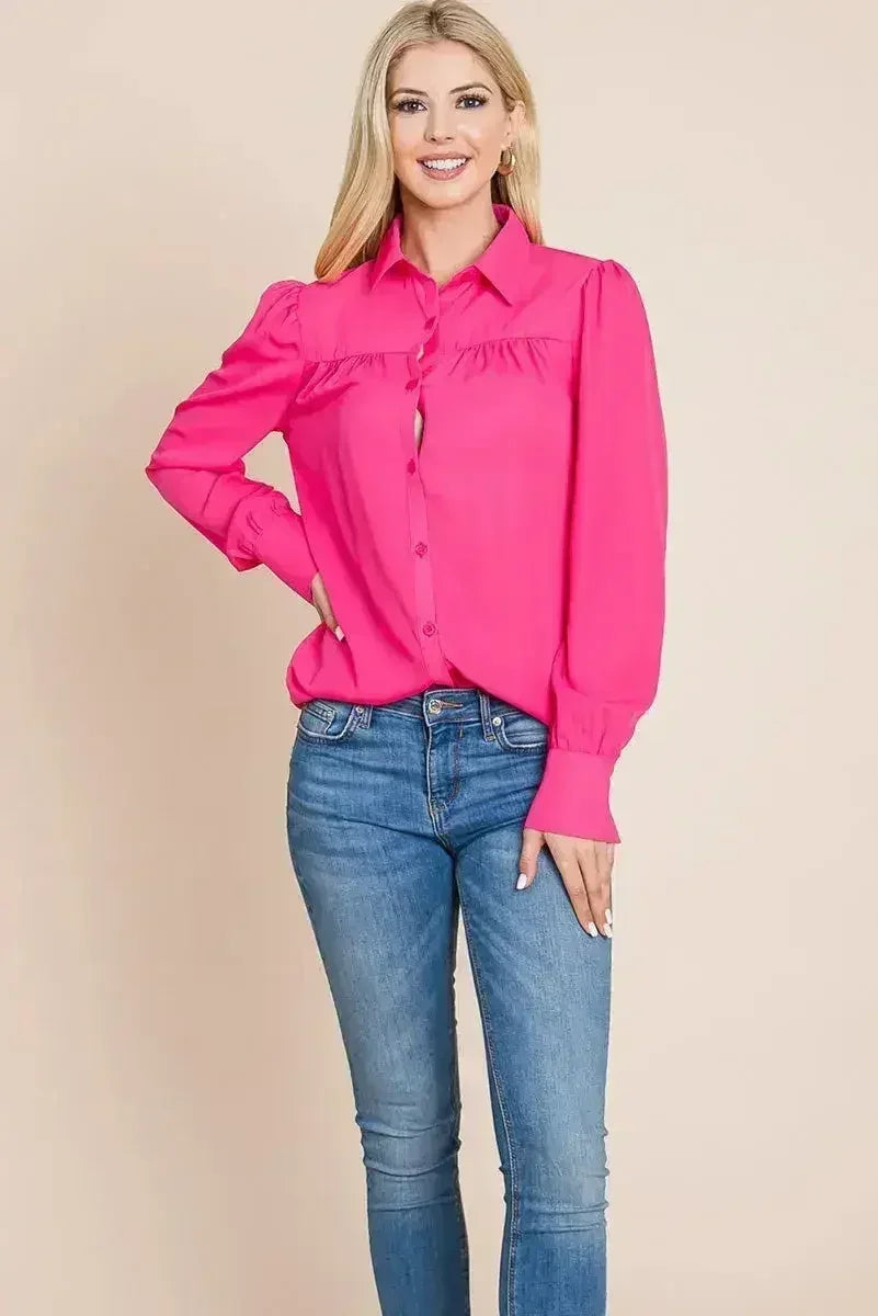 Collared Long Sleeve Pleated Detail Blouse Tops | Femstylo