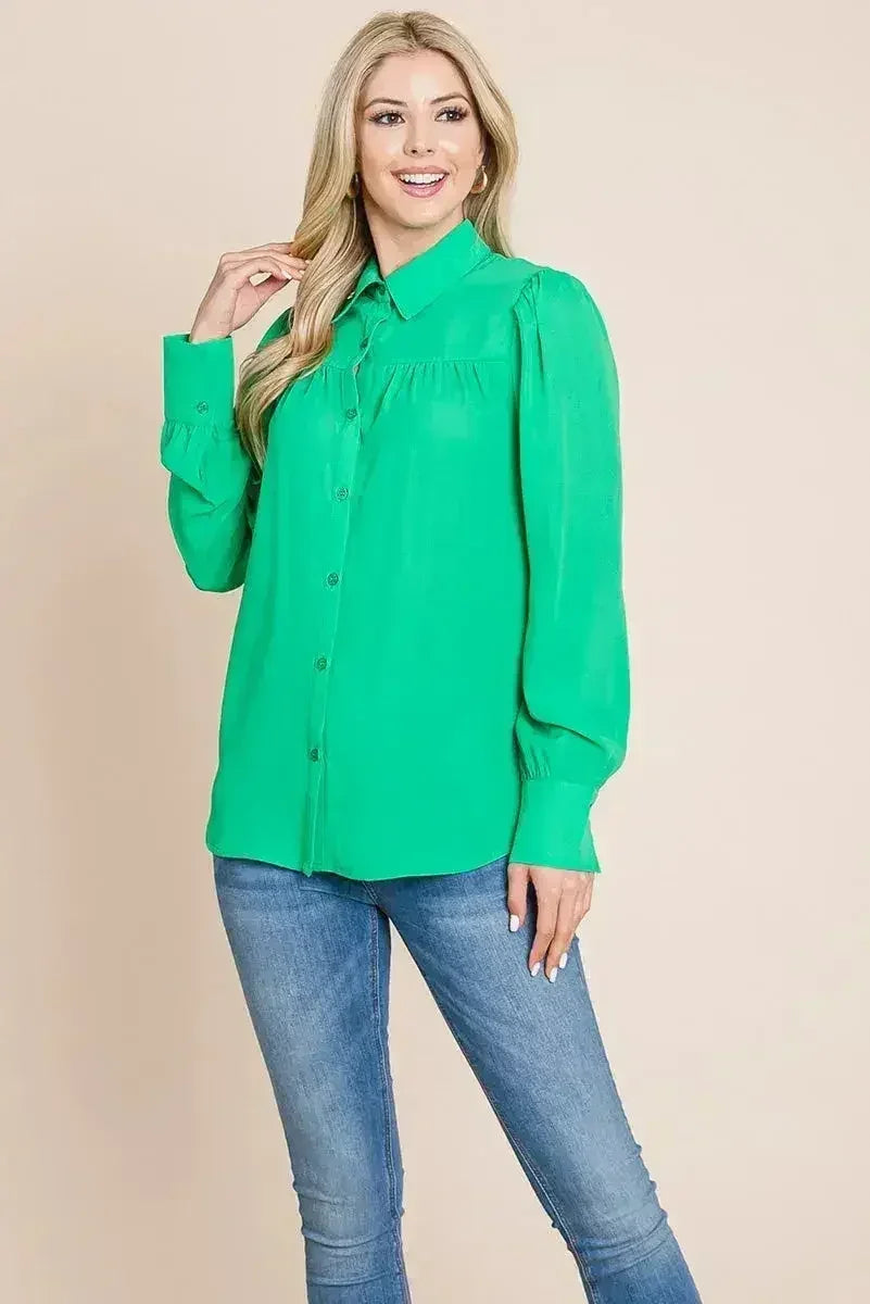 Collared Long Sleeve Pleated Detail Blouse Tops | Femstylo
